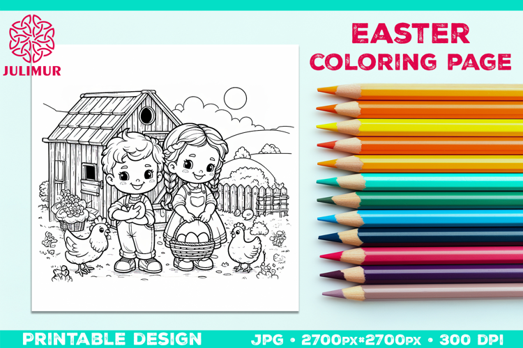 Easter Coloring Page for Kids with Farm Children