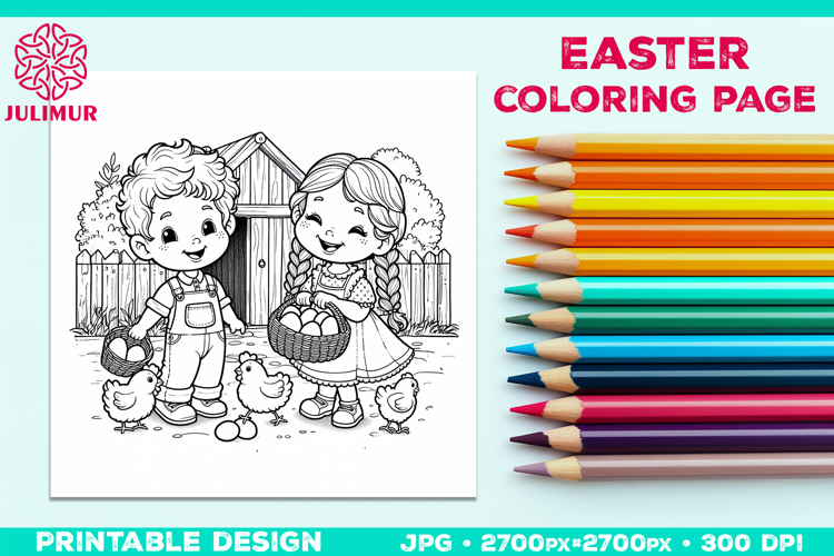Easter Coloring Page for Kids with Farm Children