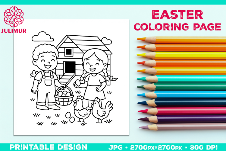 Easter Coloring Page for Kids with Farm Children