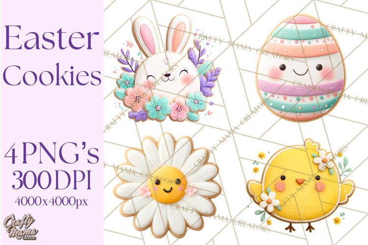Easter Cookies Clipart, Bunny Chick Egg Carrot Flower PNG