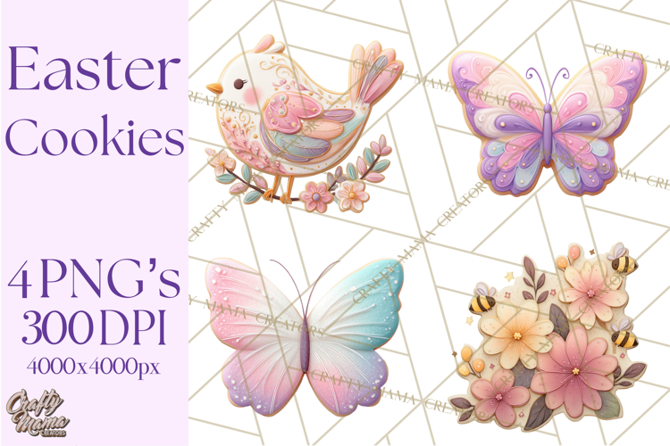 Easter Cookies Clipart, Bunny Chick Egg Carrot Flower PNG