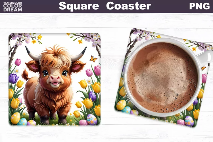 Easter Square Coaster | Highland Cow Square Coaster