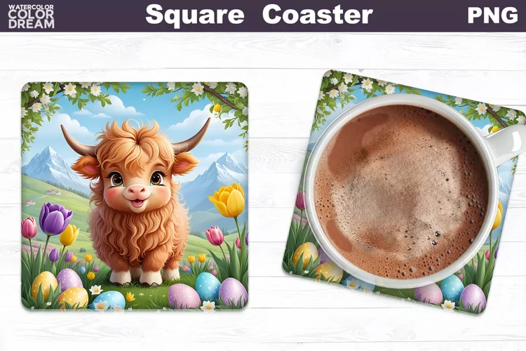Easter Square Coaster | Highland Cow Square Coaster