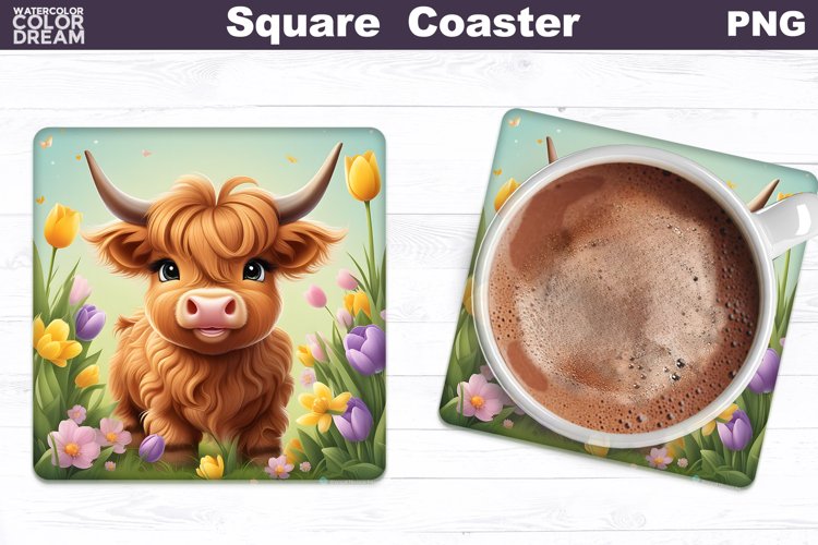 Easter Square Coaster | Highland Cow Square Coaster