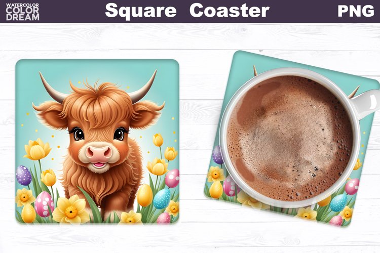 Easter Square Coaster | Highland Cow Square Coaster example image 1