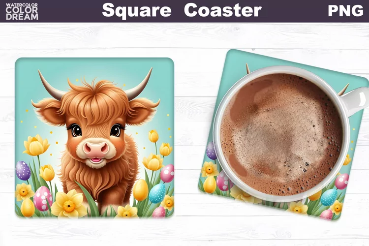 Easter Square Coaster | Highland Cow Square Coaster