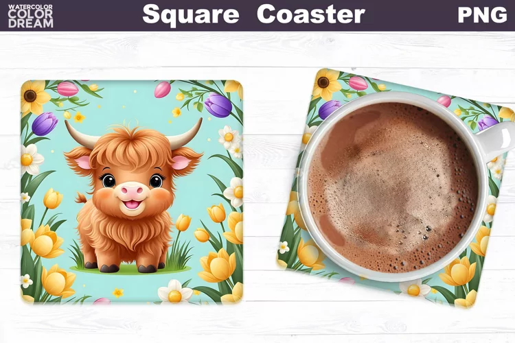 Easter Square Coaster | Highland Cow Square Coaster