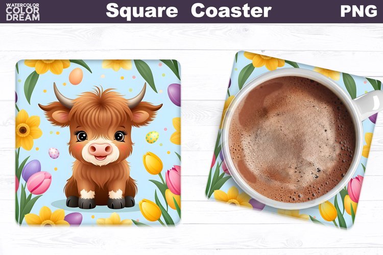 Easter Square Coaster | Highland Cow Square Coaster example image 1