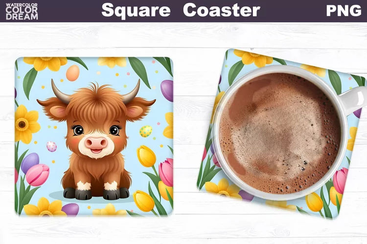 Easter Square Coaster | Highland Cow Square Coaster