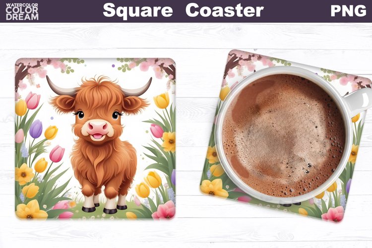 Easter Square Coaster | Highland Cow Square Coaster