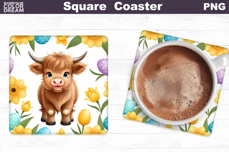 Easter Square Coaster | Highland Cow Square Coaster