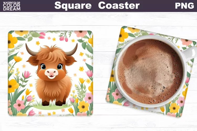 Easter Square Coaster | Highland Cow Square Coaster