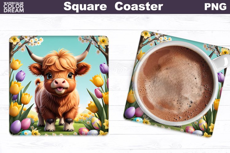 Easter Square Coaster | Highland Cow Square Coaster example image 1