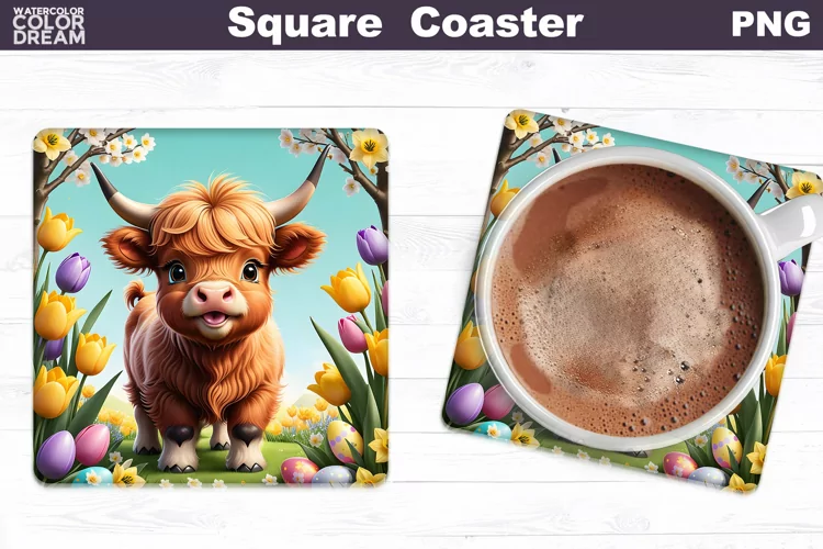 Easter Square Coaster | Highland Cow Square Coaster