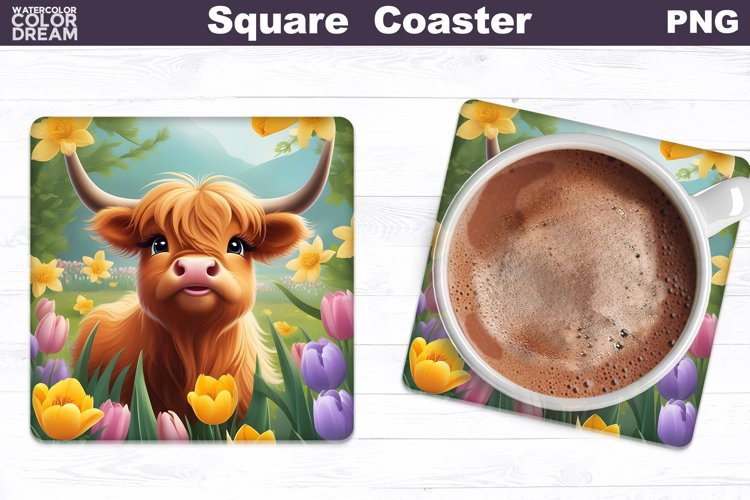 Easter Square Coaster | Highland Cow Square Coaster example image 1