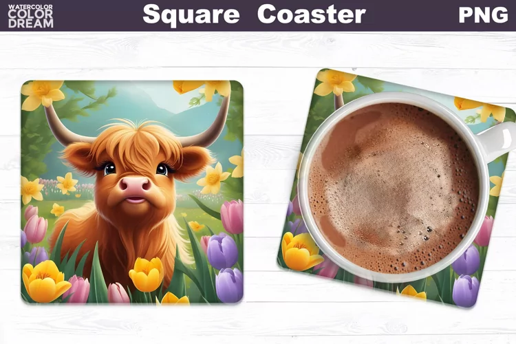 Easter Square Coaster | Highland Cow Square Coaster