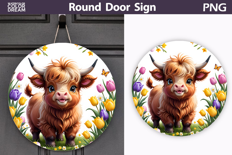 Spring Highland Cow Door Sign | Animal Tulip Round Decor