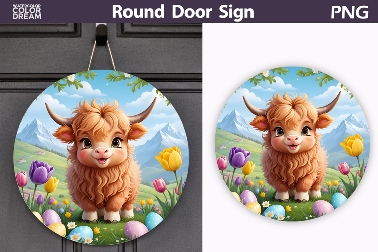 Spring Highland Cow Door Sign | Animal Tulip Round Decor
