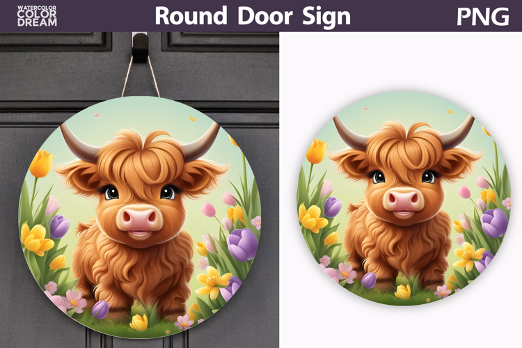 Spring Highland Cow Door Sign | Animal Tulip Round Decor