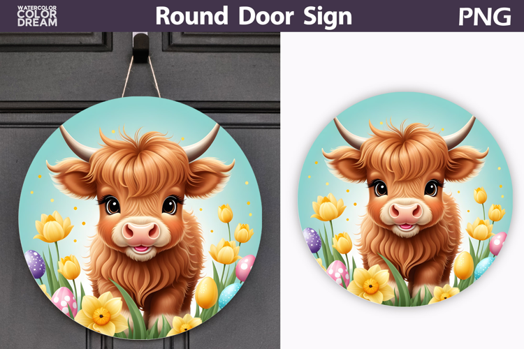 Spring Highland Cow Door Sign | Animal Tulip Round Decor