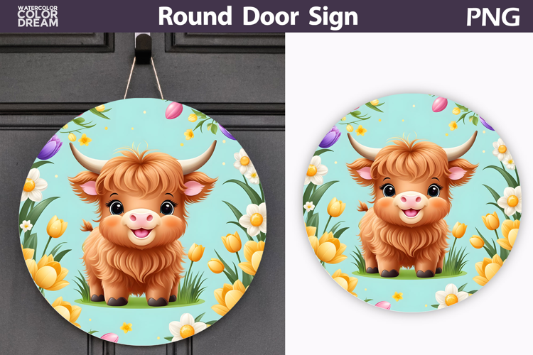 Spring Highland Cow Door Sign | Animal Tulip Round Decor