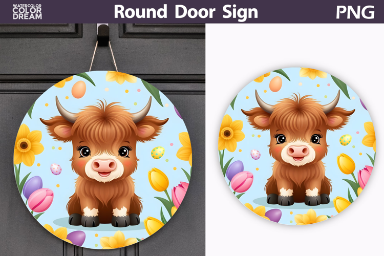 Spring Highland Cow Door Sign | Animal Tulip Round Decor