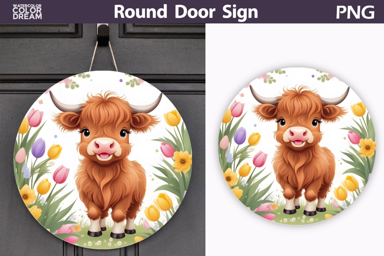 Spring Highland Cow Door Sign | Animal Tulip Round Decor