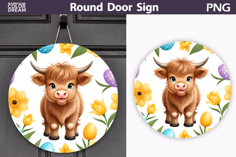 Spring Highland Cow Door Sign | Animal Tulip Round Decor