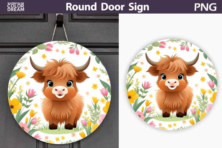 Spring Highland Cow Door Sign | Animal Tulip Round Decor
