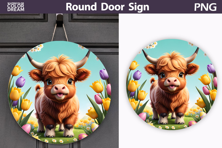 Spring Highland Cow Door Sign | Animal Tulip Round Decor