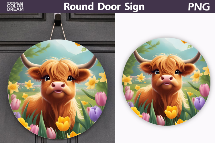 Spring Highland Cow Door Sign | Animal Tulip Round Decor