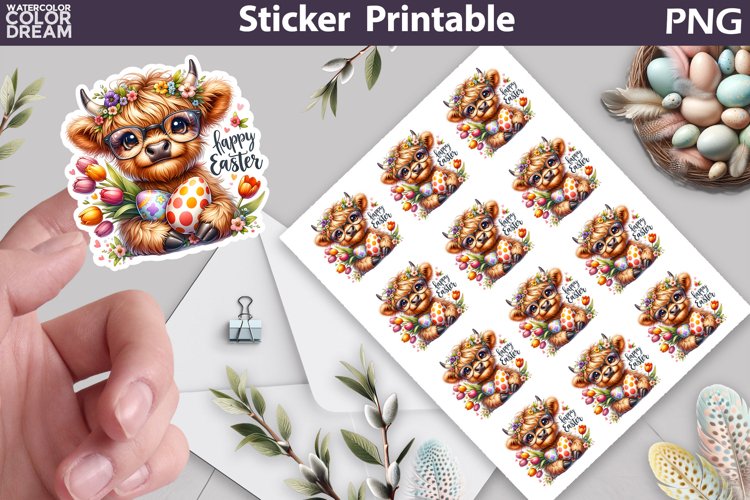 Easter Highland Cow Sticker | Happy Easter Sticker Printable