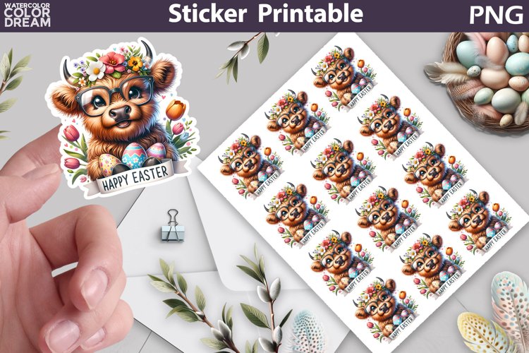 Easter Highland Cow Sticker | Happy Easter Sticker Printable