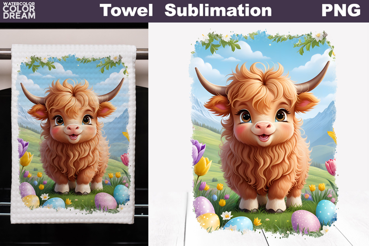 Easter Highland Cow Kitchen Towel | Spring Towel Sublimation