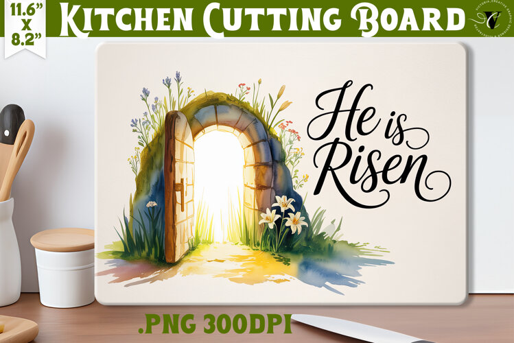 Christian Easter Kitchen Cutting Board | He is Risen design example image 1