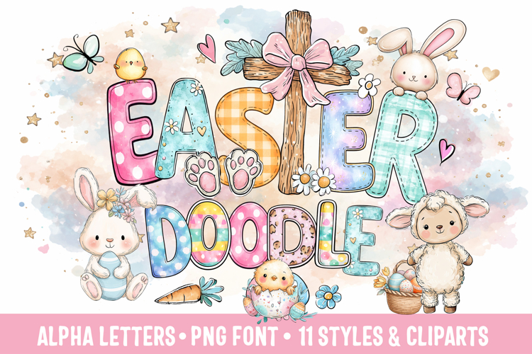 Easter Doodle Alphabet PNG 11 font styles and clipart