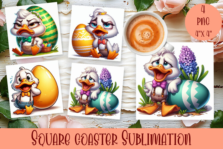 Easter crazy duck with egg Square Coaster Sublimation example image 1