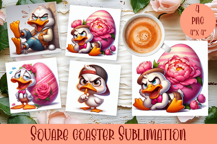 Easter crazy duck with egg Square Coaster Sublimation example image 1