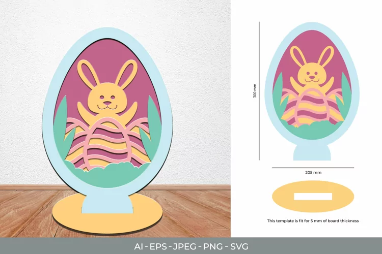 Happy Bunny with Eggs, Easter Decor with Stand Base Lasercut