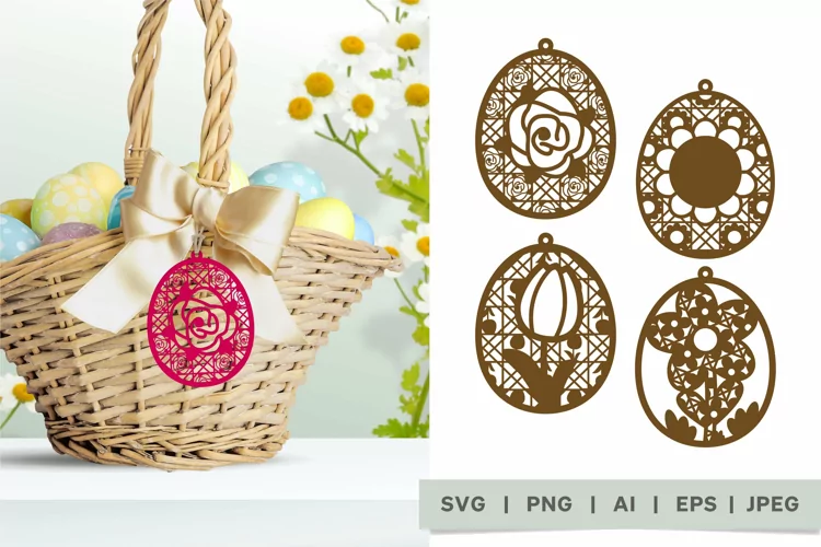 Different Flowers in Rattan Easter Egg Gift Tag SVG Set