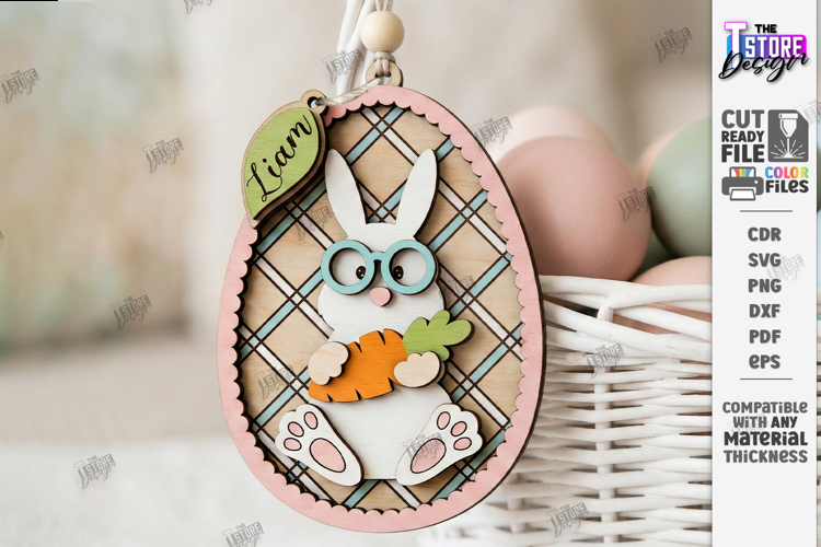 Easter Bunny Egg Ornament Laser Cut | Egg Hanging Decor SVG