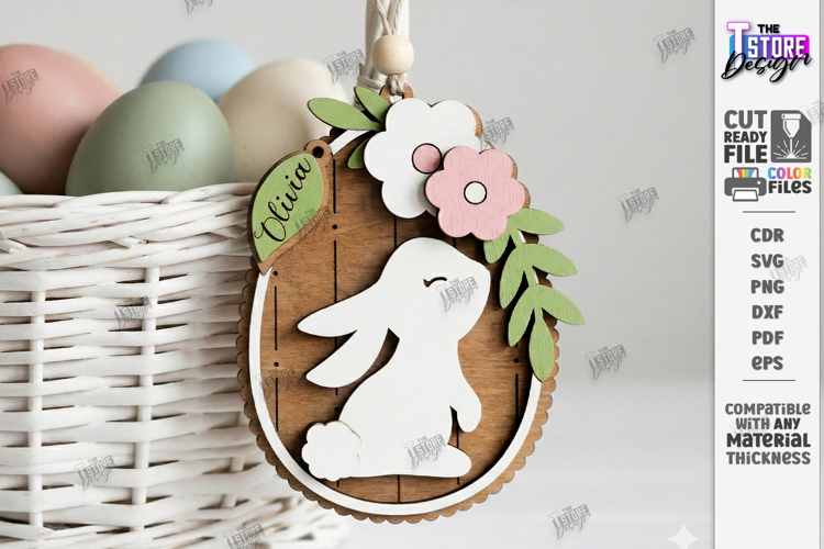 Easter Bunny Egg Ornament Laser Cut | Egg Hanging Decor SVG