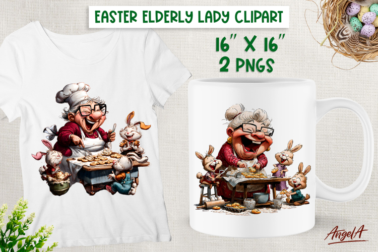 Easter clipart Grandmother Old lady with bunny cooking PNG