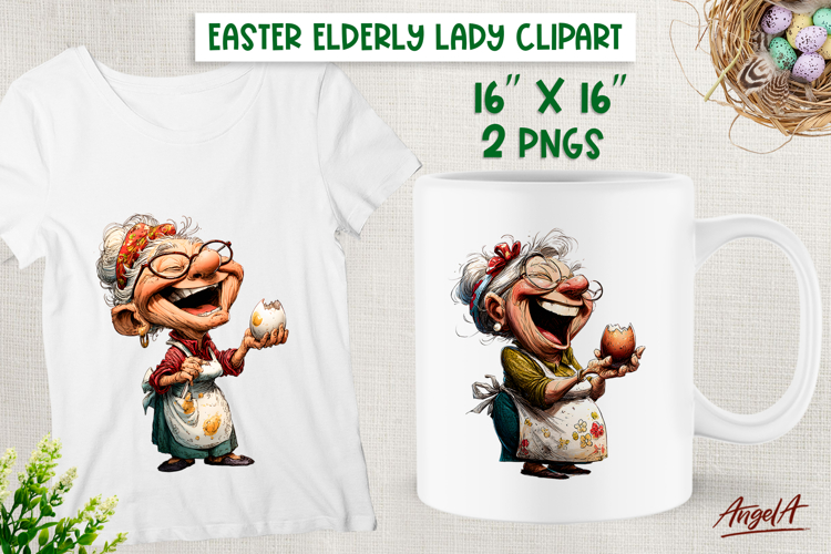 Laughing Elderly lady with egg Funny Grandma Easter clipart