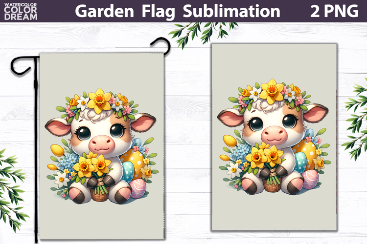 Easter Cow Garden Flag | Floral Basket Sublimation