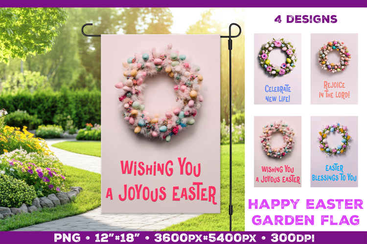 Easter Garden Flag Sublimation Design with Floral Wreath