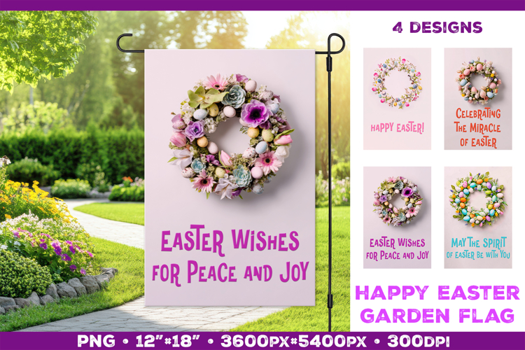 Easter Garden Flag Sublimation Design with Floral Wreath