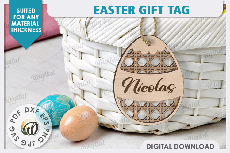 Easter Gift Tag Laser Cut. Personalized Basket Tag. Egg SVG