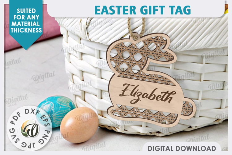 Easter Gift Tag LaserCut. Personalized Basket Tag. Bunny SVG