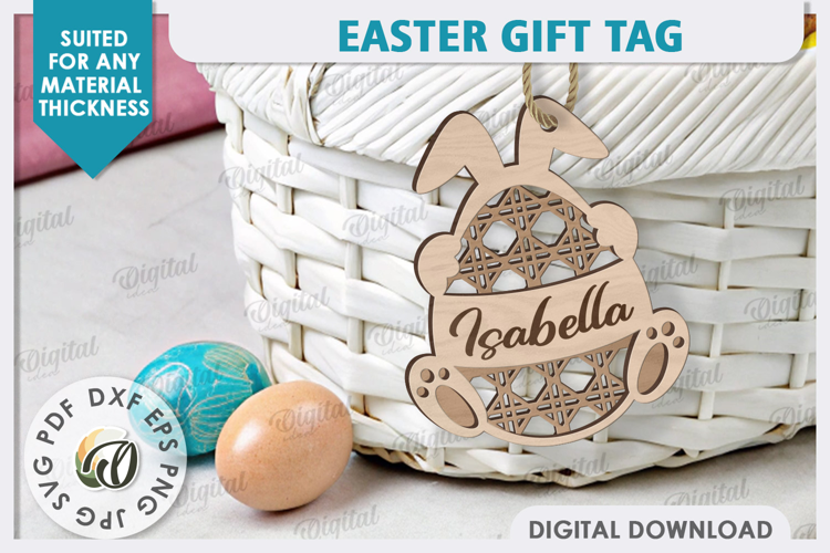 Easter Gift Tag LaserCut. Personalized Basket Tag. Bunny SVG
